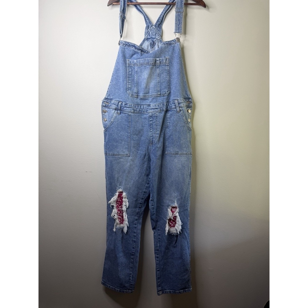 Celebrity Pink Overalls Denim Distressed Adjustable Straps Blue Bib Pocket XL‎
